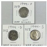 1944-P,D,S Silver War Nickels, WWII Era 35%