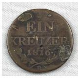 1816 Austria 1 Kreuzer Coin, Copper