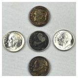 (5) 1947-1964 Silver Roosevelt Dimes, US 90%