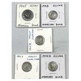(5) 1940-1945 Silver Mercury Dimes, US 90%