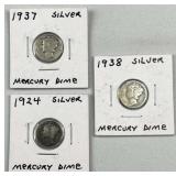 (3) 1924-1938 Silver Mercury Dimes, US 90%