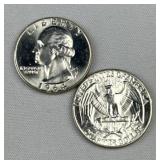 (2) 1964 Silver Washington Quarters, 90%, BU