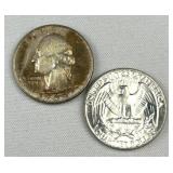 (2) 1964 Silver Washington Quarters, 90%, Tone