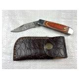 Damascus Steel Folding Blade Knife w/ Sheath