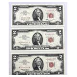 (3) 1963 US $2 Red, Consecutive Serial Crisp AU (3) 1963 US $2 Red, Consecutive Serial Crisp AU