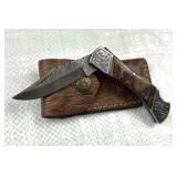 Damascus Steel Folding Blade Knife w/ Sheath Damascus Steel Folding Blade Knife w/ Sheath