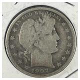 1907-S Barber Silver Half Dollar, Better Date, VG 1907-S Barber Silver Half Dollar, Better Date, VG
