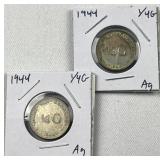 (2) 1944 Silver Netherlands 1/4 Gulden WWII Era (2) 1944 Silver Netherlands 1/4 Gulden WWII Era