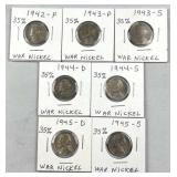 (7) 1942-1945 Silver War Nickels, All Different (7) 1942-1945 Silver War Nickels, All Different
