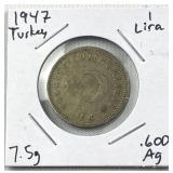 1947 Silver Turkey 1 Lira Coin (.600 Silver) 1947 Silver Turkey 1 Lira Coin (.600 Silver)