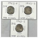 1943-P,D,S Silver War Nickels, WWII Era 35% 1943-P,D,S Silver War Nickels, WWII Era 35%