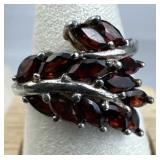 925 Silver Vintage Marquise Cut Garnet Branch Leav