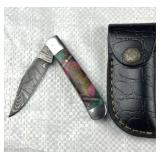 Damascus Steel Folding Blade Knife w/ Sheath