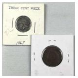 US 2 & 3 Cent Pieces, Copper & Nickel