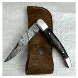 Damascus Steel Folding Blade Knife w/ Sheath