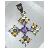 925 Silver Multi-Gem Maltese Cross Pendant
