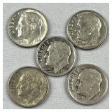 (5) 90% Silver Roosevelt Dimes, Mixed Dates