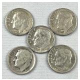 (5) 90% Silver Roosevelt Dimes, Mixed Dates