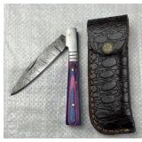 Damascus Steel Folding Blade Knife w/ Sheath