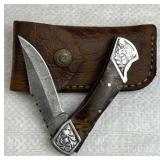 Damascus Steel Folding Blade Knife w/ Sheath