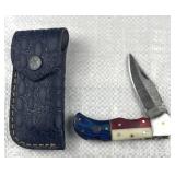 Damascus Steel TX Folding Blade Knife w/ Sheath