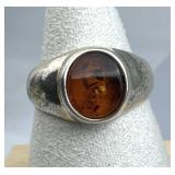 925 Silver Round Amber Ring