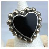 925 Silver Black Onyx Heart Beaded Frame Ring