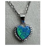 925 Silver Lab Opal CZ Heart Pendant Necklace