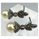 925 Silver Marcasite Faux Pearl Drop Post Earrings