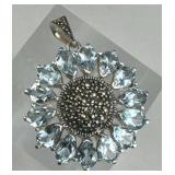 925 Silver Sky Blue Topaz Marcasite Flower Pendant