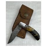 Damascus Steel Folding Blade Knife w/ Sheath