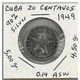 1949 Silver Cuba 20 Centavos Coin, 90%