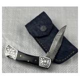 Damascus Steel Folding Blade Knife w/ Sheath