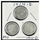 (3) Barber Silver Dimes, 1911-P&D + 1914-D