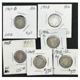 (6) Barber Silver Dimes, 90%, 1905-1911