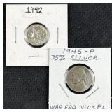 1942 Silver Mercury Dime 90% +1945 Silver 5c