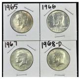 (4) 1965-68 JFK 40% Silver Half Dollars, Luster