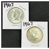 (2) 1967 JFK 40% Silver Half Dollars, US