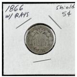1866 w/ Rays US Shield Nickel, 5c Coin