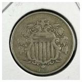 1868 US Shield Nickel, Fine, 5c Coin