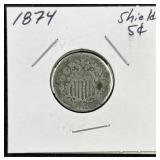 1874 US Shield Nickel, 5c Coin