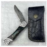 Damascus Steel Folding Blade Knife w/ Sheath