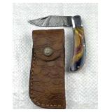 Damascus Steel Folding Blade Knife w/ Sheath