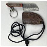 Damascus Steel Fixed Keychain Knife w/ Sheath