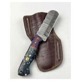 Damascus Steel Fixed Bull Cutter Knife w/ Sheath