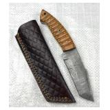 Damascus Steel Fixed Tanto Blade Knife w/ Sheath