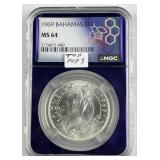 1969 Silver Bahamas $1 NGC MS64, Top Pop 3