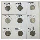 (9) 1942-45 Silver WWII 35% Nickels, 9 of 11 Set