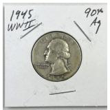 1945 Silver Washington Quarter, WWII Era 90%