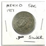 1951 Mexico 50 Centavos Coin, 30% Silver (Billon)